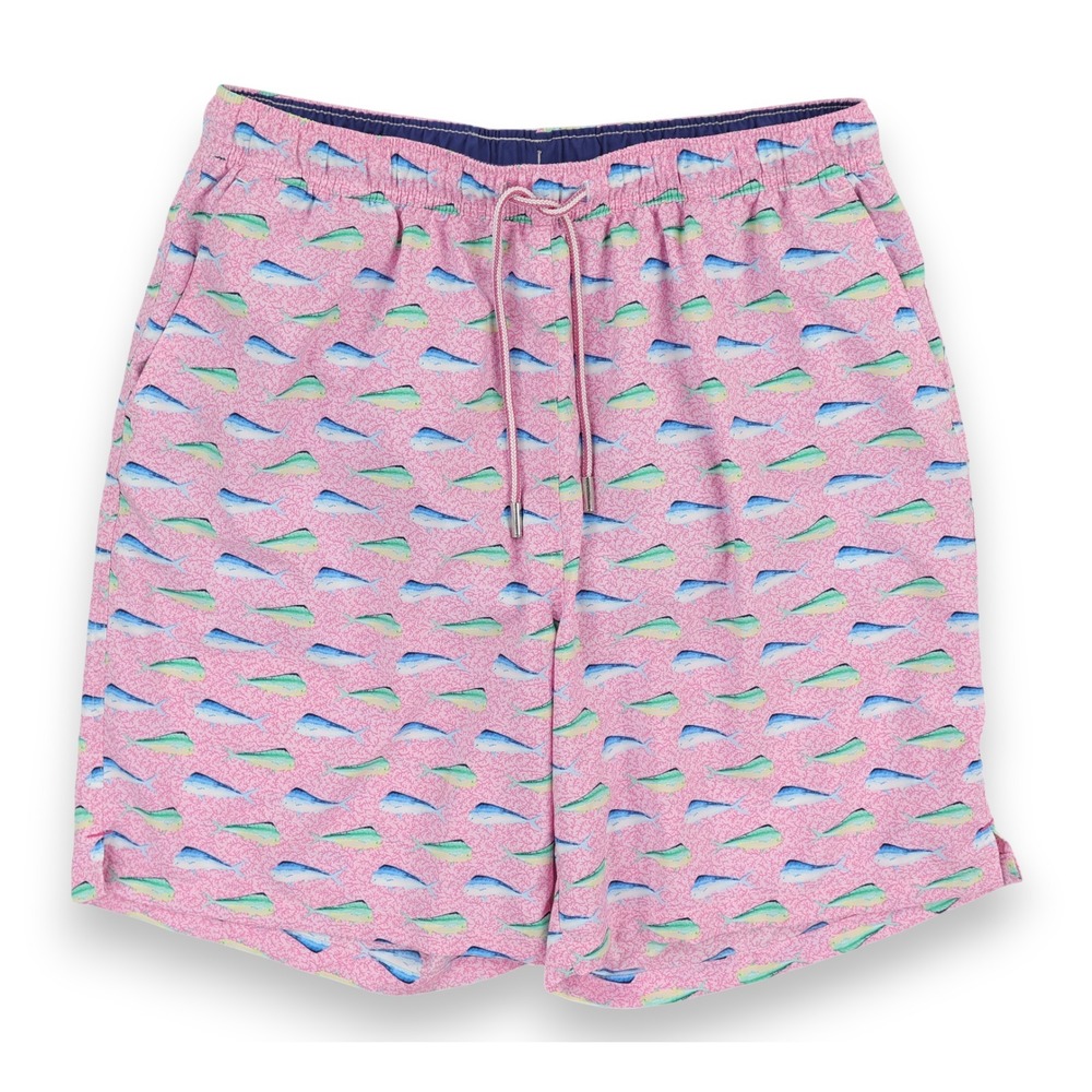 Peter Millar Swim Trunks Mens Large Pink Fish Print Lined Drawstring Quick Dry